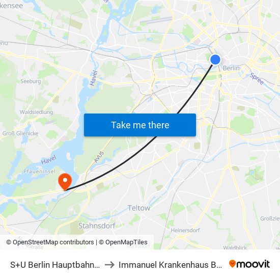 S+U Berlin Hauptbahnhof to Immanuel Krankenhaus Berlin map