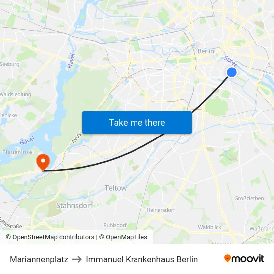 Mariannenplatz to Immanuel Krankenhaus Berlin map