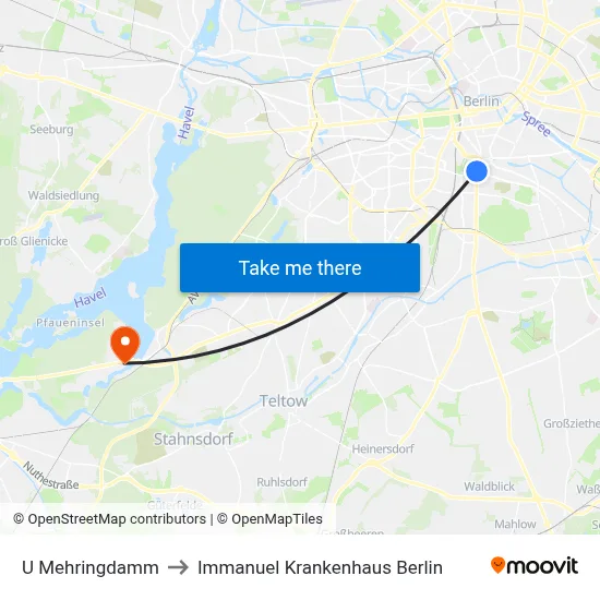 U Mehringdamm to Immanuel Krankenhaus Berlin map