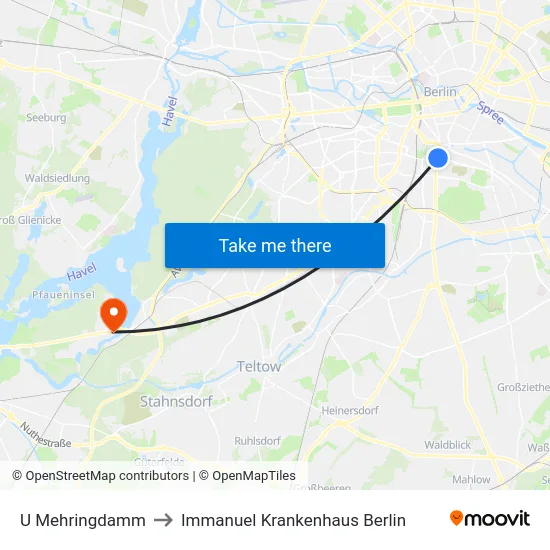 U Mehringdamm to Immanuel Krankenhaus Berlin map