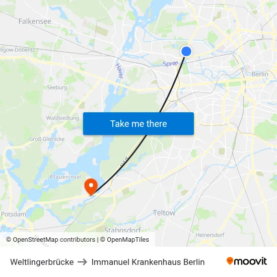 Weltlingerbrücke to Immanuel Krankenhaus Berlin map