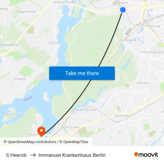 S Heerstr. to Immanuel Krankenhaus Berlin map