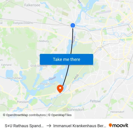 S+U Rathaus Spandau to Immanuel Krankenhaus Berlin map