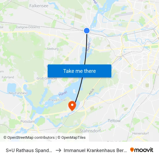 S+U Rathaus Spandau to Immanuel Krankenhaus Berlin map