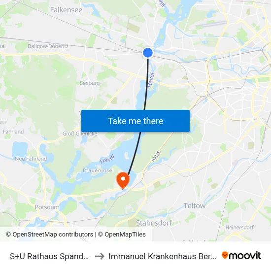S+U Rathaus Spandau to Immanuel Krankenhaus Berlin map