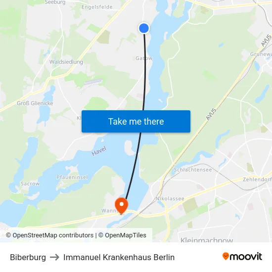 Biberburg to Immanuel Krankenhaus Berlin map