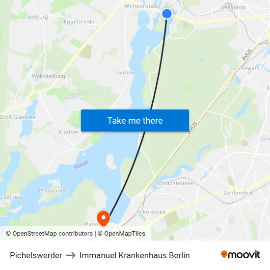 Pichelswerder to Immanuel Krankenhaus Berlin map