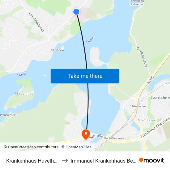 Krankenhaus Havelhöhe to Immanuel Krankenhaus Berlin map
