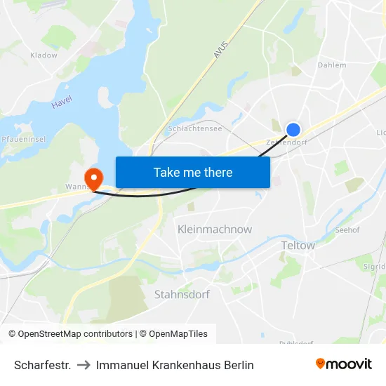 Scharfestr. to Immanuel Krankenhaus Berlin map