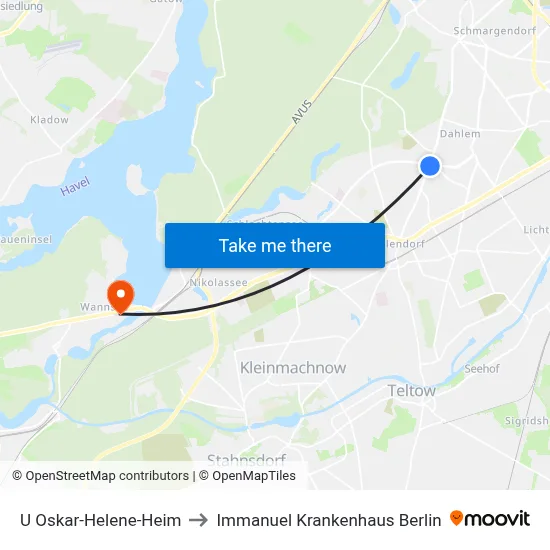 U Oskar-Helene-Heim to Immanuel Krankenhaus Berlin map
