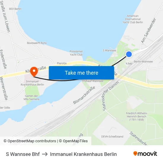 S Wannsee Bhf to Immanuel Krankenhaus Berlin map