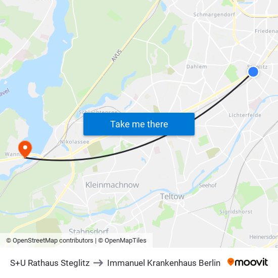 S+U Rathaus Steglitz to Immanuel Krankenhaus Berlin map