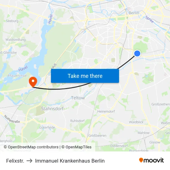 Felixstr. to Immanuel Krankenhaus Berlin map