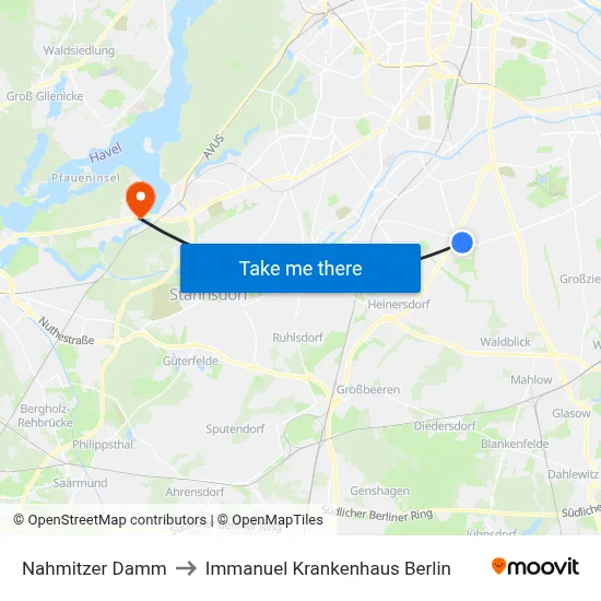 Nahmitzer Damm to Immanuel Krankenhaus Berlin map