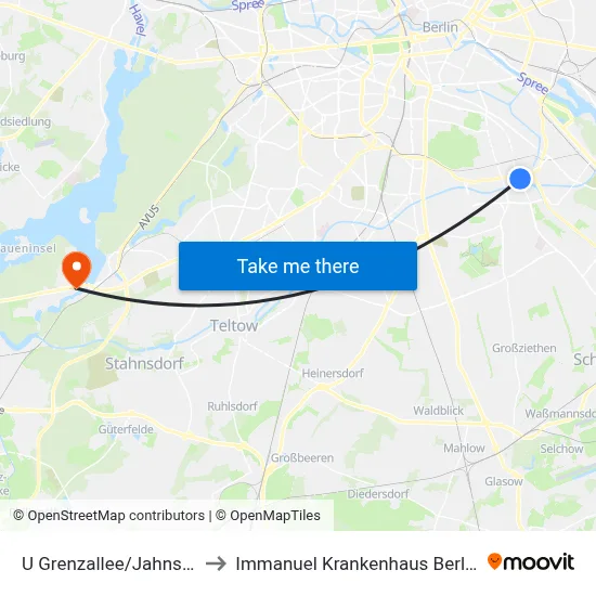 U Grenzallee/Jahnstr. to Immanuel Krankenhaus Berlin map