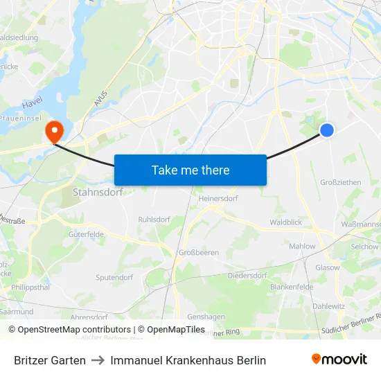 Britzer Garten to Immanuel Krankenhaus Berlin map