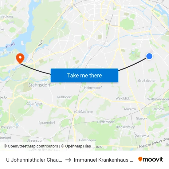 U Johannisthaler Chaussee to Immanuel Krankenhaus Berlin map