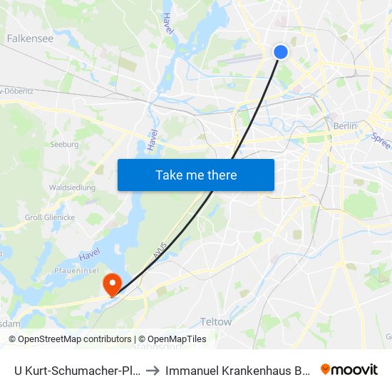 U Kurt-Schumacher-Platz to Immanuel Krankenhaus Berlin map