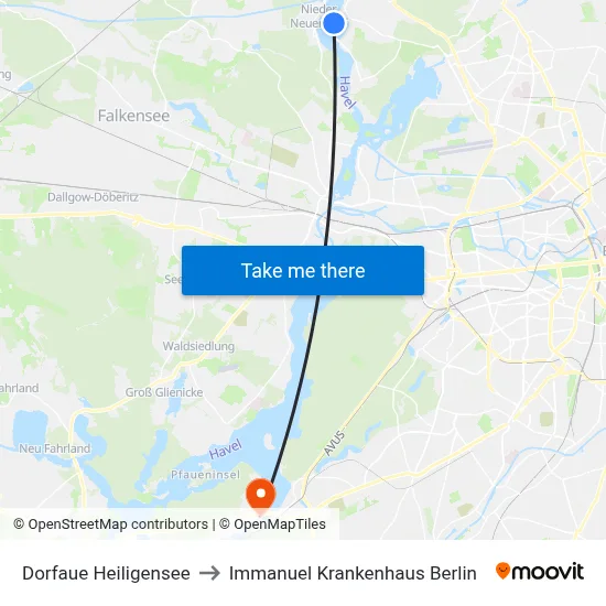 Dorfaue Heiligensee to Immanuel Krankenhaus Berlin map