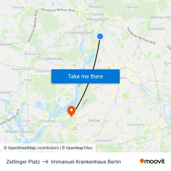 Zeltinger Platz to Immanuel Krankenhaus Berlin map