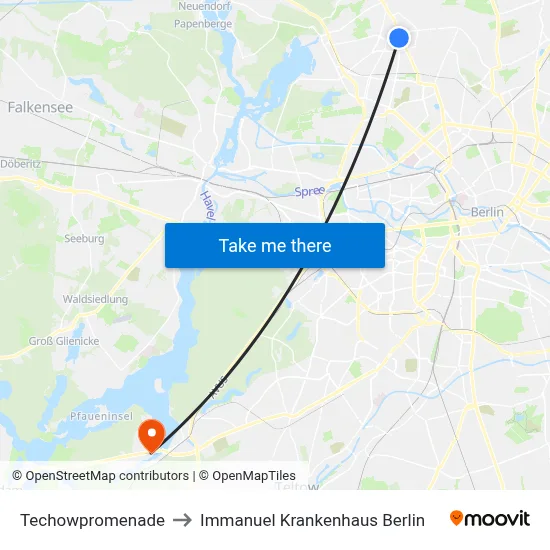 Techowpromenade to Immanuel Krankenhaus Berlin map