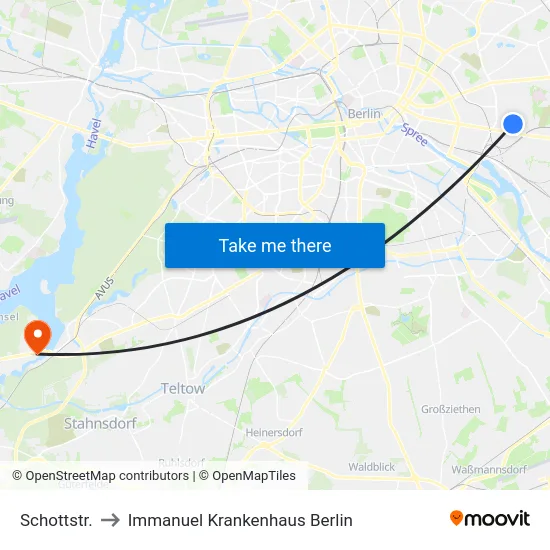 Schottstr. to Immanuel Krankenhaus Berlin map