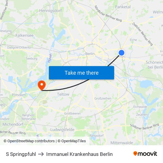 S Springpfuhl to Immanuel Krankenhaus Berlin map