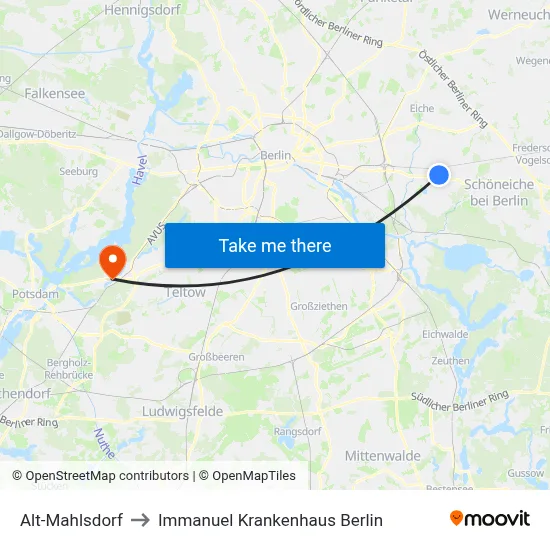 Alt-Mahlsdorf to Immanuel Krankenhaus Berlin map