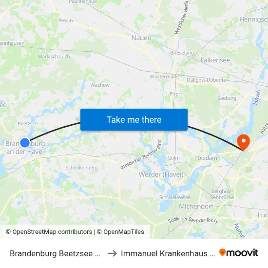 Brandenburg Beetzsee Center to Immanuel Krankenhaus Berlin map