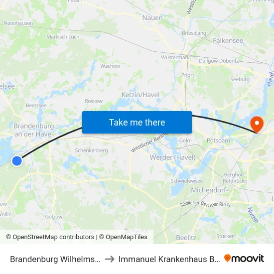 Brandenburg Wilhelmsdorf to Immanuel Krankenhaus Berlin map