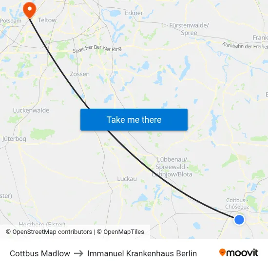 Cottbus Madlow to Immanuel Krankenhaus Berlin map