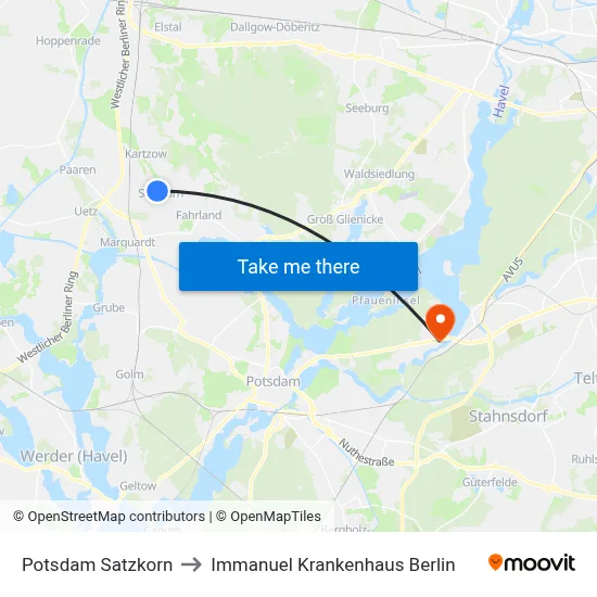 Potsdam Satzkorn to Immanuel Krankenhaus Berlin map