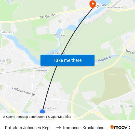 Potsdam Johannes-Kepler-Platz to Immanuel Krankenhaus Berlin map