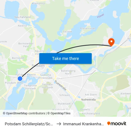 Potsdam Schillerplatz/Schafgraben to Immanuel Krankenhaus Berlin map