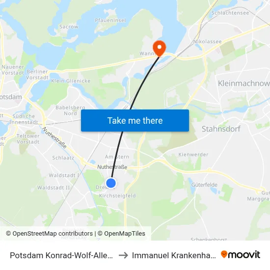 Potsdam Konrad-Wolf-Allee/Sternstr. to Immanuel Krankenhaus Berlin map