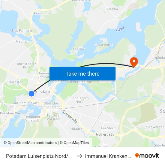Potsdam Luisenplatz-Nord/Park Sanssouci to Immanuel Krankenhaus Berlin map