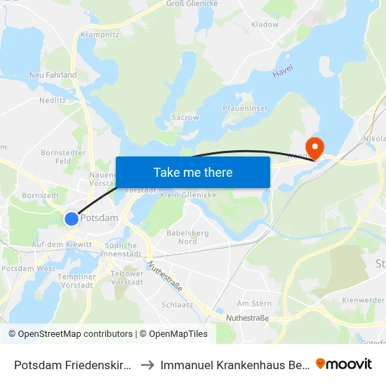 Potsdam Friedenskirche to Immanuel Krankenhaus Berlin map