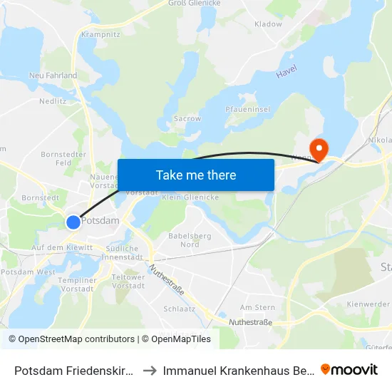 Potsdam Friedenskirche to Immanuel Krankenhaus Berlin map