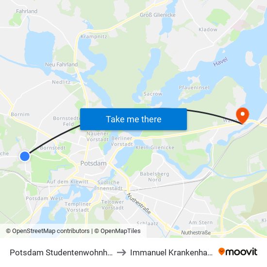 Potsdam Studentenwohnheim Eiche to Immanuel Krankenhaus Berlin map