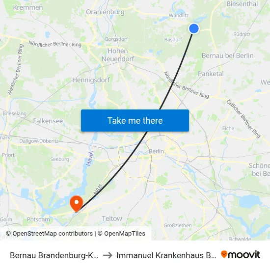 Bernau Brandenburg-Klinik to Immanuel Krankenhaus Berlin map