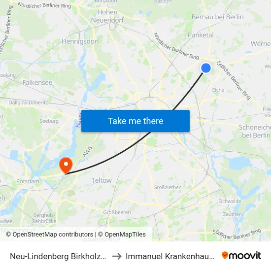Neu-Lindenberg Birkholzer Allee to Immanuel Krankenhaus Berlin map