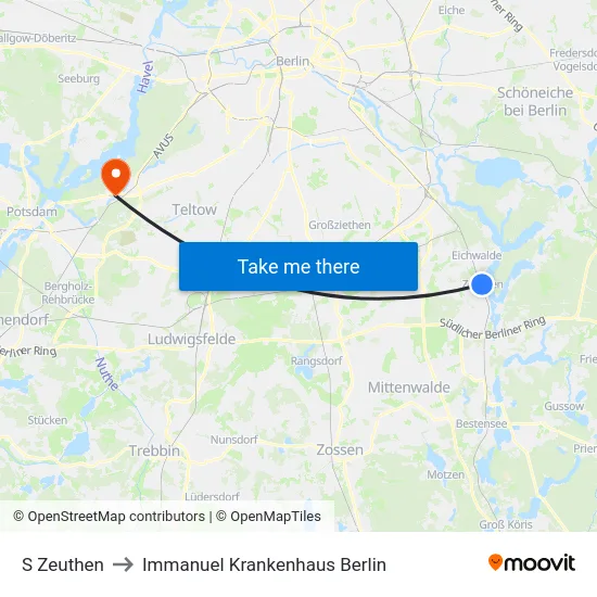 S Zeuthen to Immanuel Krankenhaus Berlin map