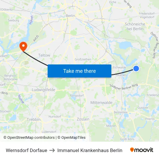Wernsdorf Dorfaue to Immanuel Krankenhaus Berlin map
