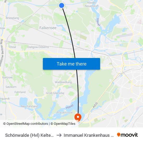 Schönwalde (Hvl) Keltenweg to Immanuel Krankenhaus Berlin map