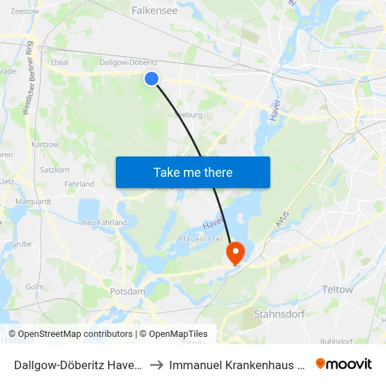 Dallgow-Döberitz Havelpark to Immanuel Krankenhaus Berlin map