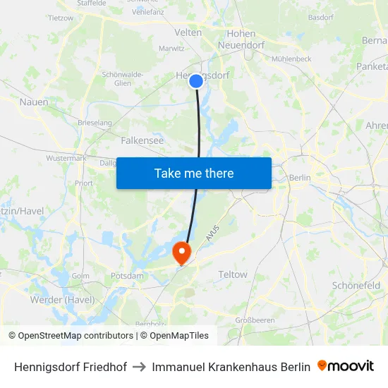 Hennigsdorf Friedhof to Immanuel Krankenhaus Berlin map