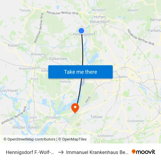 Hennigsdorf F.-Wolf-Str. to Immanuel Krankenhaus Berlin map