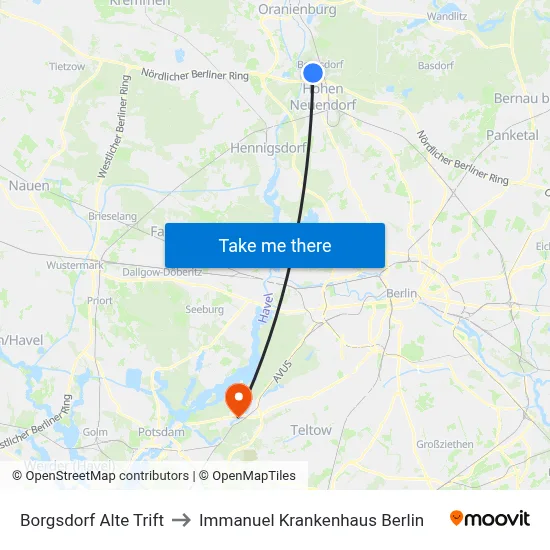 Borgsdorf Alte Trift to Immanuel Krankenhaus Berlin map