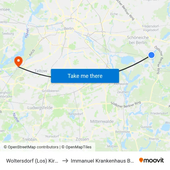 Woltersdorf (Los) Kirche to Immanuel Krankenhaus Berlin map
