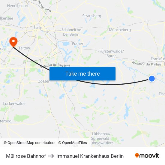 Müllrose Bahnhof to Immanuel Krankenhaus Berlin map